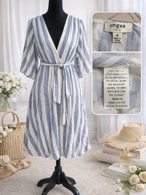 Umgee Blue & White Striped Tie-Waist Dress